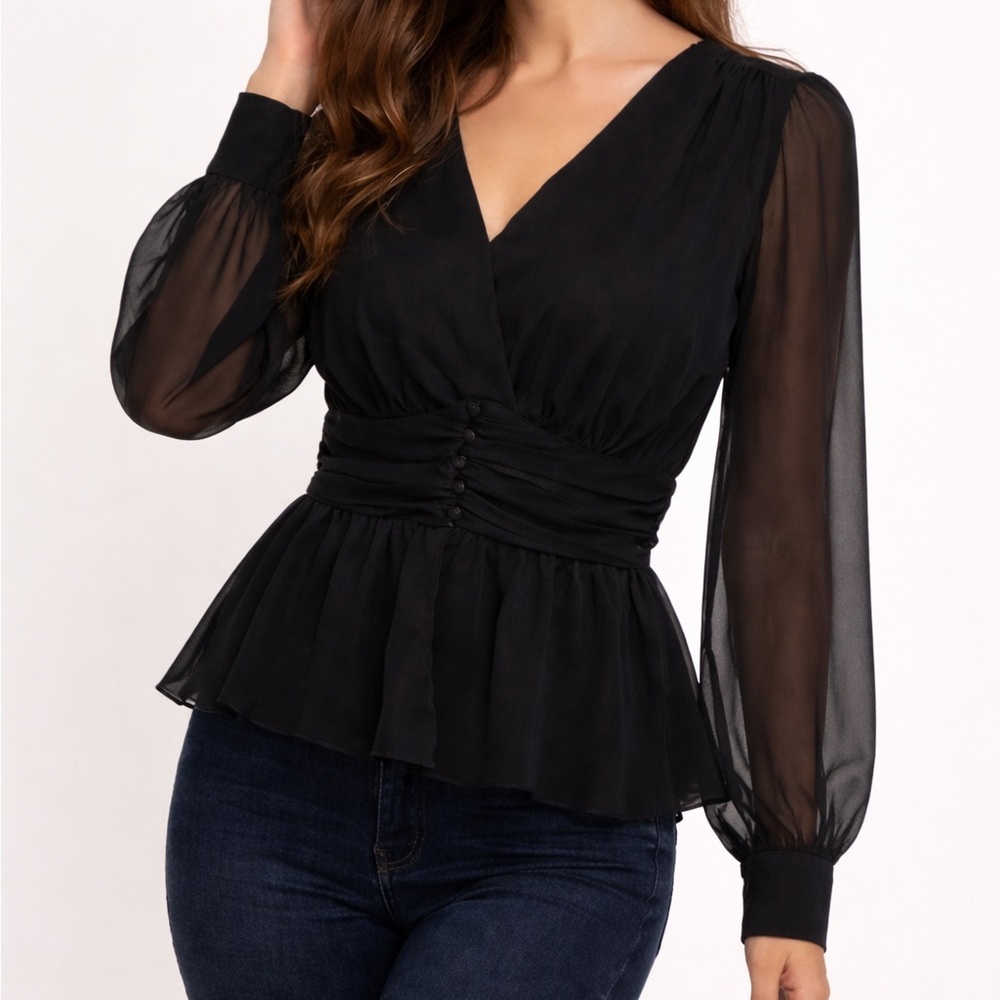 Boohoo Black Sheer Long Sleeve Blouse | Cinched Waist Gothic Top